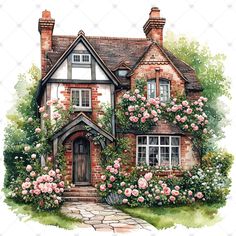 a watercolor painting of a house with roses on it