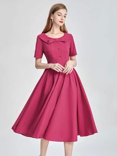 Beautiful Vintage Bow Knot Round Collar Rose Purple Big Swing Dress With Pockets - HY2 Material: Cotton, no lining Sizes: S - bust 86cm, waist 68cm, length 107cm M - bust 90cm, waist 72cm, length 108cm L - bust 94cm, waist 76cm, Length 109cm  XL - bust 98cm, waist 80cm, length 110cm 2XL - bust 102cm, waist 84cm, length 110cm 3XL - bust 106cm, waist 88cm, length 110cm  Hello and welcome to my shop! I am new to Etsy but not to this business. All our dresses are handmade with high quality fabrics by skilled tailors. Rest assured, the dress you see in the picture is the dress that you will receive. Our dresses are priced very competitively to bring you the best value. About Size All sizes listed are external sizes of the clothing, not what your body measurement is. Measurement error of 1-3cm i Pink A-line Dress With Bow, Cocktail A-line Midi Dress With Bow, Short Sleeve Party Dress With Bow, Vintage Party Dress With Bow, Vintage Short Sleeve Dress With Bow, Vintage Dresses With Bow And Short Sleeves, Vintage Pink Midi Dress For Party, Vintage Wedding Dresses With Bow, Retro Red Wedding Dress