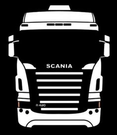 the front end of a white scania truck on a black background, with the word scania written across it