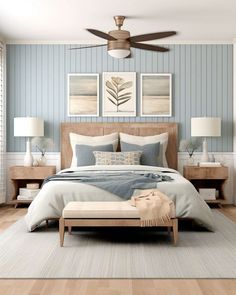 a bedroom with blue and white walls, wood floors and a bed in the middle