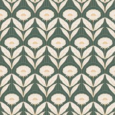 an art deco wallpaper pattern with white flowers and leaves on green, beige and cream colors