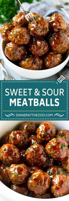 sweet and sour meatballs in a white bowl with a fork