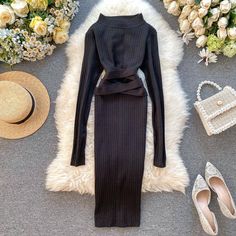 Bandage Knitted Sweater Knee Length Pencil Dress
--






Measurement In CM




Size
Chest
Waist
Length
Sleeve




Free
66-98
50-90
96
61






Measurement In Inch




Size
Chest
Waist
Length
Sleeve




Free
26.0 - 38.6
19.7 - 35.4
37.8
24.0







-- Elegant Long Bodycon Dress For Winter, Elegant Long Bodycon Winter Dress, Elegant Long Bodycon Dress For Fall, Elegant Long Fitted Sweater Dress, Fitted Long Knit Midi Dress, Elegant Long Stretch Sweater Dress, Elegant Knit Bodycon Dress For Fall, Chic Long Fitted Sweater Dress, Elegant Non-stretch Knit Dress