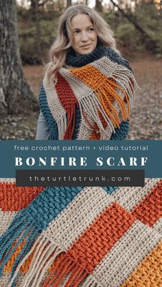 a woman standing in the woods wearing a striped scarf with text overlay that reads free crochet video tutor bonfire scarf