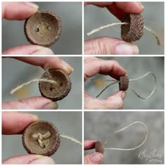 the process of making an ornament out of wood and rope is shown in four different pictures