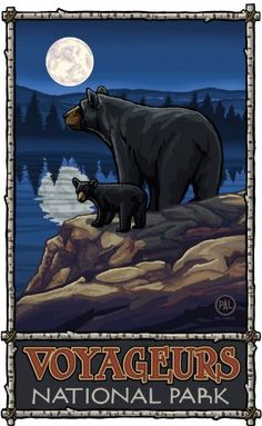 an image of two bears standing on top of a mountain with the moon in the background