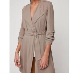 Taupe Duster Aritzia Winter Jacket, Jacket Aritzia, Simple Spring Outfits, Flowing Fabric, Style Edit, Trench Jacket, Belted Trench Coat, Outfit Combinations, Cool Fabric