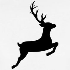 a black and white silhouette of a deer jumping in the air with antlers on its back