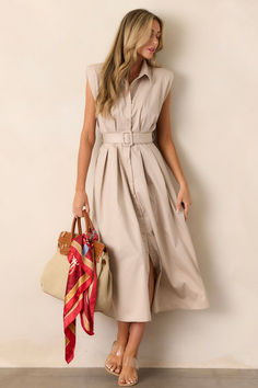 Conquer any adventure in our Days Go By Beige Belted Midi Dress. With its sleek and versatile beige design, this dress is the perfect bold statement for any journey. The belted waist adds a touch of challenge and adventure to your look. Empower yourself and stand out in this midi dress! This beige dress features built-in shoulder pads, a functional belt and a functional button front. Dress With Big Belt, September Style, Corporate Girl, September Fashion, Dress Paris, Beige Design, Of Challenge, Midsize Outfits, Halter Bridesmaid Dress