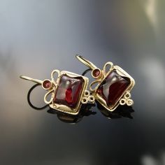 14K Gold butterfly earrings, Square Garnet earrings, yellow gold garnet drops, Vintage earrings, Red Gold Butterfly Earrings, Red Garnet Earrings, Earrings Square, Butterfly Earrings Gold, Jewelry Editorial, Les Nereides, Earrings Everyday, Earrings Gemstone, Red Square