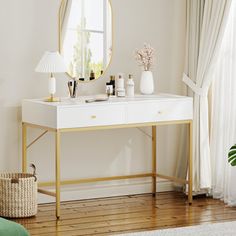 a white and gold console table with a round mirror on the wall next to it