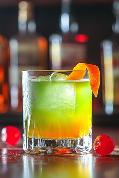 a green and yellow cocktail with an orange garnish on the rim next to two cherries