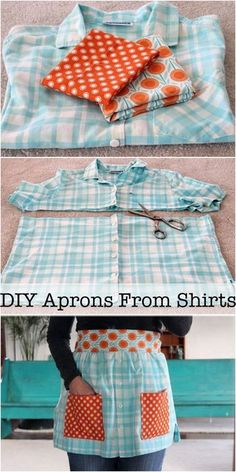 an apron made out of fabric and some buttons on the front, with text overlay that reads diy aprons from shirts