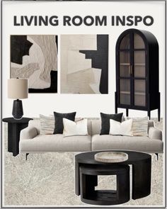 the living room is decorated in black and white