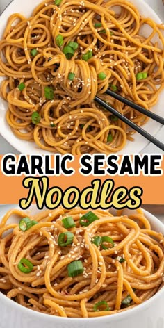 garlic sesame noodles in a white bowl with chopsticks