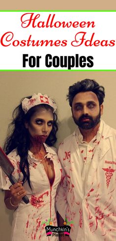 two people dressed up as zombies and one is holding a knife with the caption halloween costumes ideas for couples