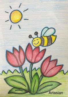 a drawing of two bees flying over flowers