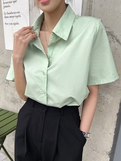 Mint Green Casual  Short Sleeve Cotton Plain Shirt Embellished Non-Stretch  Women Tops, Blouses & Tee Green Short Sleeve Button Up Outfit, Polo Blouse Outfit Women's, Light Green Shirt Outfit For Women, Green Polo Shirt Outfit Woman, Light Green Blouse Outfit, Short Sleeve Polo Women Outfit, Mint Shirt Outfit, Mint Blouse Outfit, Mint Green Shirt Outfit