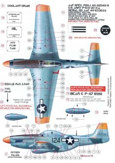 an airplane is shown in blue and orange with information about the parts on it's side