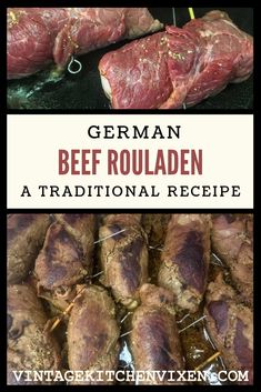 beef roasting on the grill with text overlay that reads german beef rouladen at traditional recipe