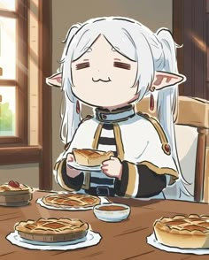 an anime character sitting at a table with pies on the table in front of her