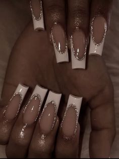 Nail Ideas Acrylic Silver, White French Tip Nails Gel Short, Simple Nails For Birthday, J Acrylic Nails, Easy Christmas Nails Acrylic, White French Tip Nails Glitter, Christmas Nails White And Silver, French Nails Design Elegant, Anniversary Nails Acrylic