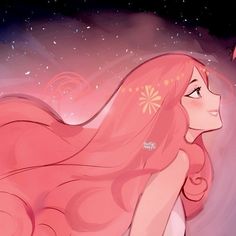 a pink haired girl with long hair and stars in the sky behind her is looking at something