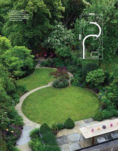 an aerial view of a garden with benches and trees in the center, surrounded by greenery