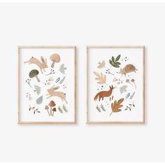 two framed art prints with woodland animals and leaves on the wall in front of them