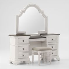 a white dressing table with mirror and stool