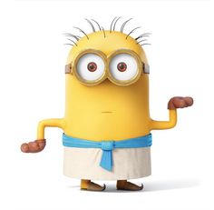 a cartoon minion with glasses and a blue bow around it's neck, standing in front of a white background