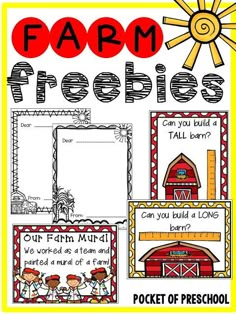 farm freebies with pictures and text on the front, in red and yellow colors