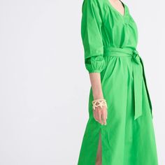 Nonwaisted. Falls Below Knee, 48 1/2" From High Point Of Shoulder (Based On A Size 6). Say Hello To Your Easiest Outfit Ever. Just Add Accessories. This Dress Features A Tie At The Waist That Cinches You In And A Flattering V-Neckline. 100% Cotton. Machine Wash. Import. Green Green Cotton Midi Dress For Work, Green Spring Dress With Fitted Waist, Spring Green Dresses With Fitted Waist, Green Tie Waist Midi Dress For Work, Green Belted Cotton Dress, Green Midi Dress With Tie Waist For Work, Cotton Poplin Dress, Poplin Dress, High Point