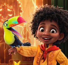 an animated character holding a toucan and smiling