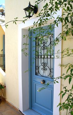 a blue front door with wrought iron grills on the top and bottom, next to a plant