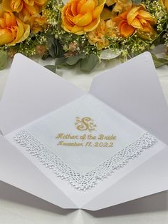 A beautiful wedding handkerchief for the mother of the bride or mother of the groom. Personalized with an embroidered monogram, choice of thread color, and wedding date.   It's a timeless gift.  It's elegant and sentimental, it's personalized and it's a perfect wedding gift for mom.  This is a must-have for her happy tears. Gift occasions:  A great presentation gift for rehearsal dinner or the wedding day. Gift for moms, stepmoms. Material:      Lace handkerchiefs and embroidery thread Design:        Handkerchiefs are personalized with a monogram and embroidered with a vintage leaf script font. Care:            Wash, dry, and iron as needed Packaging:  Each handkerchief will come with an organza gift sac. ------------------------------------------------------------------------------------- Elegant Personalized Handkerchief For Bridesmaid Gift, Elegant Machine Embroidered Handkerchiefs For Gifts, Elegant Customizable Handkerchiefs For Bridesmaid Gift, Elegant Monogram Handkerchiefs For Wedding, Elegant Monogrammed Handkerchiefs For Weddings, Classic Embroidered Handkerchiefs For Wedding Gift, Personalized Elegant Handkerchiefs For Bridal Shower, Elegant Personalized Handkerchiefs For Bridal Shower, Elegant Personalized Wedding Handkerchiefs