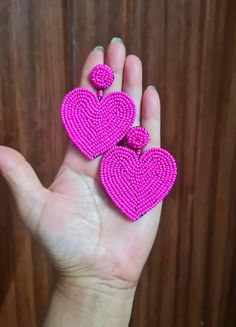 "Handmade beaded fuchsia pink heart earrings. These seed beads' hand embroidered heart earrings are beautiful and fun for the spring summer. Earrings measure approx. 2.90\" long and 2.25\" wide.  At Carnation jewellery, each piece is artisan handcrafted with love and care and shipped from India.  * SHIPPING - Please refer to the \"announcement\" page of the store. * Please be noted all kind of taxes, custom duties, VAT etc will be borne by the buyer as I am not responsible for the same. * For qu Affordable Pink Heart Beaded Earrings, Cheap Heart-shaped Beaded Earrings For Valentine's Day, Pink Beaded Heart Earrings For Party, Pink Heart-shaped Beaded Earrings For Parties, Pink Beaded Heart Earrings For Valentine's Day, Multicolor Heart-shaped Beaded Earrings, Pink Dangle Beaded Earrings For Valentine's Day, Valentine's Day Heart Beaded Round Earrings, Pink Heart-shaped Beaded Earrings