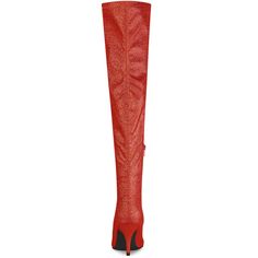 Opt for a sparkling and fashionable look with these over-the-knee high boots. Showcasing glitter design, these boots feature a pointed toe. Resting on a high stiletto heel, they are adorned with zip detailing. You can pair them with a beautiful dress and they will take on new heights. These glitter boots will make you stand out in the crowd. It is a great choice for parties, going shopping, dating, and so on. Trendy Red Knee-high Party Boots, Trendy Red Knee-high Boots For Party, Fitted Red Knee-high Boots For Party, Fitted Glitter Boots For Winter, Red Knee-high Party Boots, Red Knee-high Boots For Party, Red Knee-high Boots For Winter Party, Glamorous Red Boots For Night Out, Glitter Stilettos