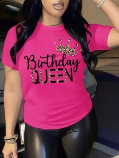 Women"S Casual Crew Neck Short Sleeve "Birthday Queen" Fitted T-Shirt, Summer Pink Casual  Short Sleeve Knitted Fabric Leopard Print,Letter  Slight Stretch  Women Clothing, size features are:Bust: ,Length: ,Sleeve Length: Bday Shirts, Trendy Pink T-shirt For Birthday, Pink Slogan T-shirt For Birthday, Pink Crew Neck T-shirt For Birthday, Fun Pink T-shirt For Birthday, Pink T-shirt With Name Print For Birthday, Rose Bonbon, Kids Sleepwear, Kids Beachwear