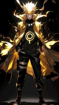 an anime character standing in front of a black background with yellow and red flames on it