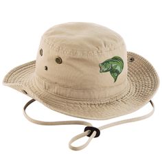 a hat with a green fish on the side and a white string around it's brim