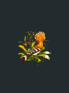 an orange and white bird sitting on top of green plants