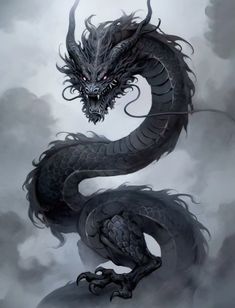 a black dragon sitting on top of a cloud filled sky with its mouth wide open