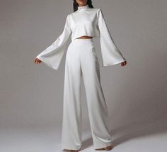 Simple Streetwear, Style Wide Leg Pants, Chic Outerwear, Casual Chique, Backless Blouse, Flare Long Sleeve, Wide Trousers, Two Piece Pants Set, Women Pants