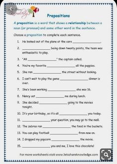 a worksheet for prepositions to help students learn how to read the words