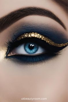 Smokey eye makeup can help to enhances blue eyes by making them stand out, and appear more vibrant. It also adds depth and allure. This post contains a list of smokey eye makeup looks for blue eyes. soft, natural, bridal, light, brown, step by step, dark, tutorial, wedding, navy, ideas for Wedding Makeup For Navy Blue Dress, Dark Blue And Gold Makeup, Acotar Dress, Egypt Makeup, Eye Shadow Looks, Ball Makeup, Smokey Eye Makeup Look, Gold Makeup Looks, Blue Smokey Eye