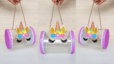 two pictures of the same unicorn carriage with different colors and designs on it, one being held by someone's hand