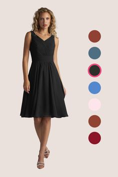 a woman wearing a black dress with different colors