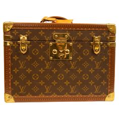 Louis Vuitton Monogram hard shell Boite Pharmacie Vanity Trunk Case. The item was manufactured in the late 1990'. It features brass hardware, push lock closure including the key, vachetta leather top handle, vachetta leather tag. The interior is separated into two compartments of which one has a leather band to store bottles etc. In addition, there is one smaller hard shell case with a mirror. In general, the condition is good with age related signs of use such as patina/oxidation to brass hardw Old Trunk Redo Diy, Old Trunk Redo, Lv Trunk, Trunk Redo, Louis Vuitton Luggage, Old Trunks, Designer Luggage, Leather Tag, Bag Suitcase