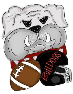 a bulldog holding a football and helmet with the word bulldogs on it's chest